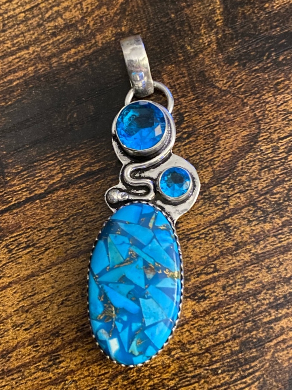 Copper Turquoise Mosaic Stone Pendant with Blue Topaz set in 925 Sterling Silver
